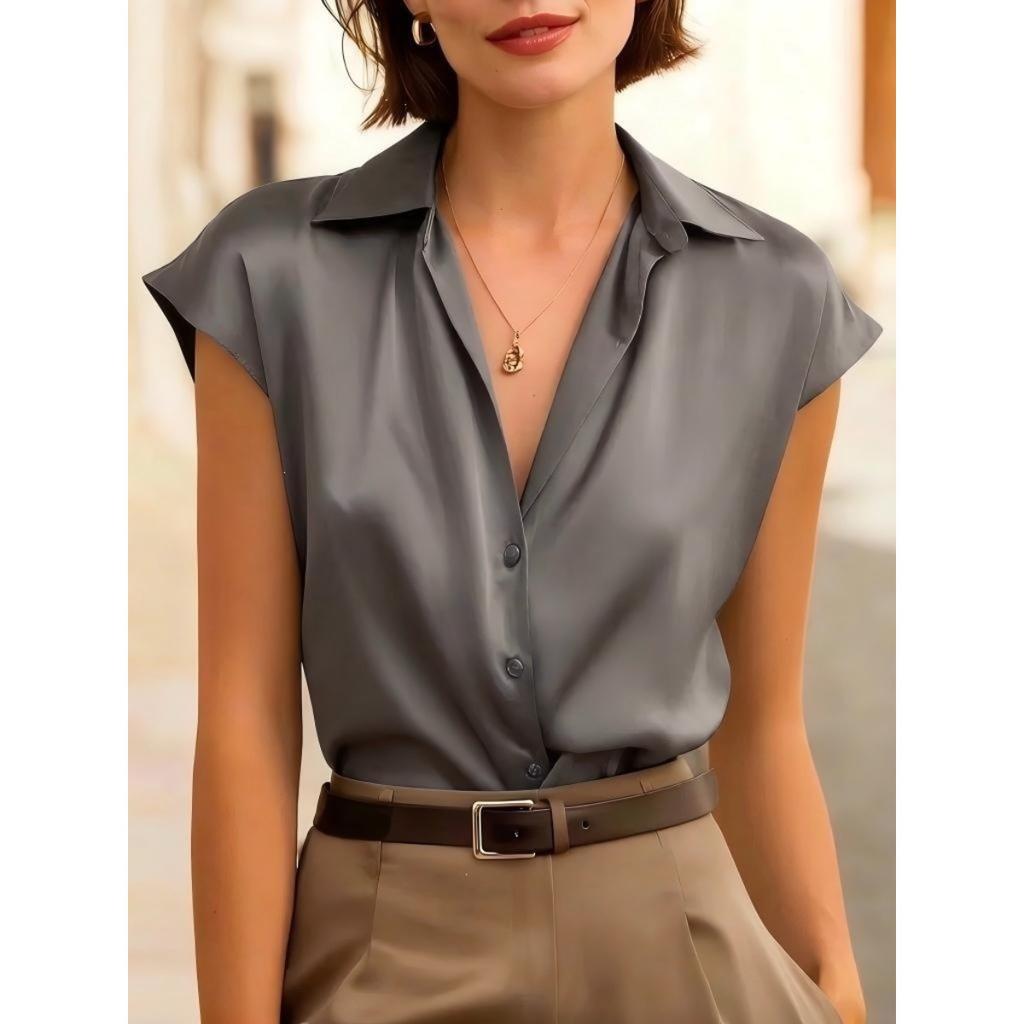 Women's Satin Short Sleeve Polo Shirt, Elegant Casual Top for Spring Summer