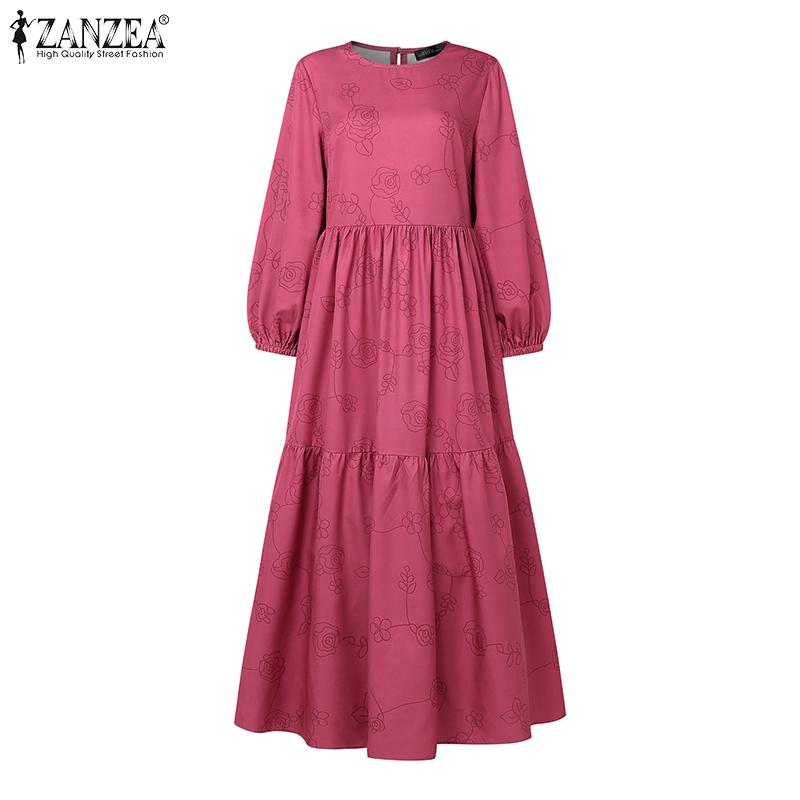 ZANZEA Women Vintage Print Casual Round Neck Long Sleeve Loose Dress