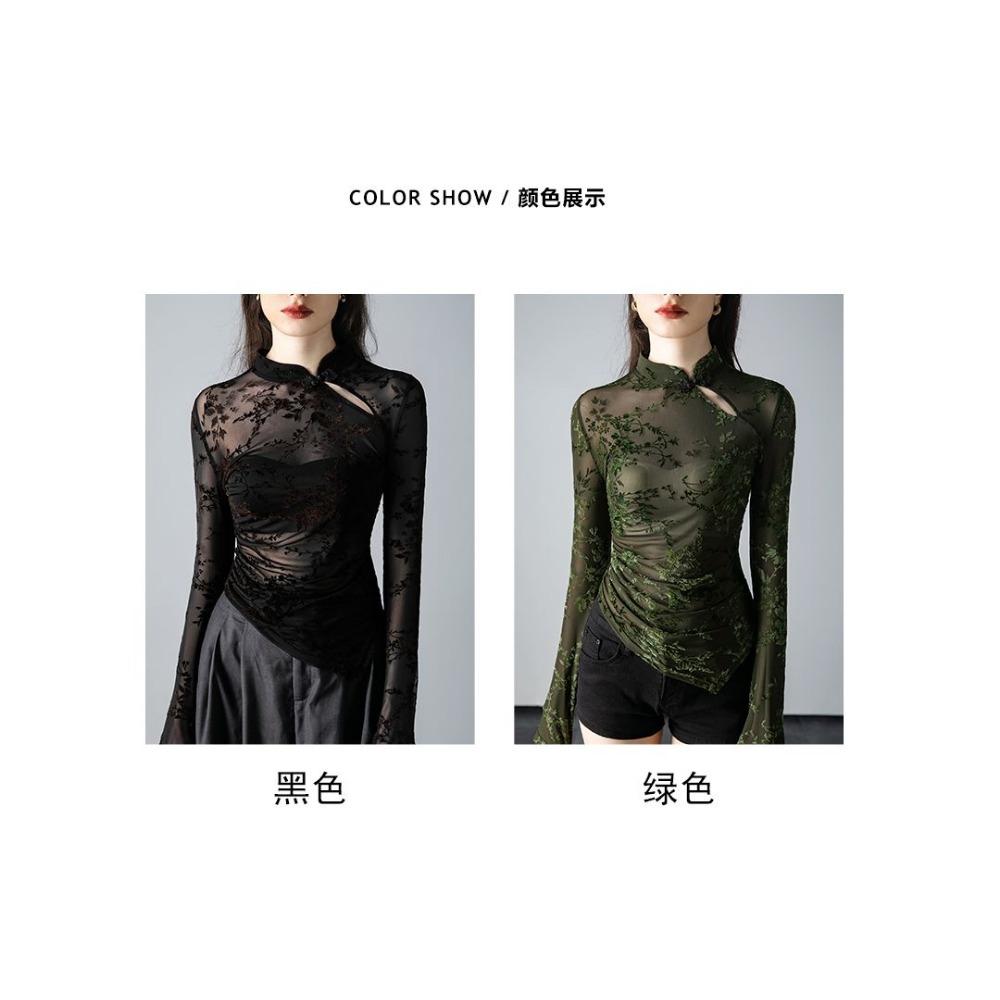 New Chinese Style Stand Up Collar Mesh Base Shirt for Women In Spring Irregular and Chic Printed Long Sleeved T-shirt