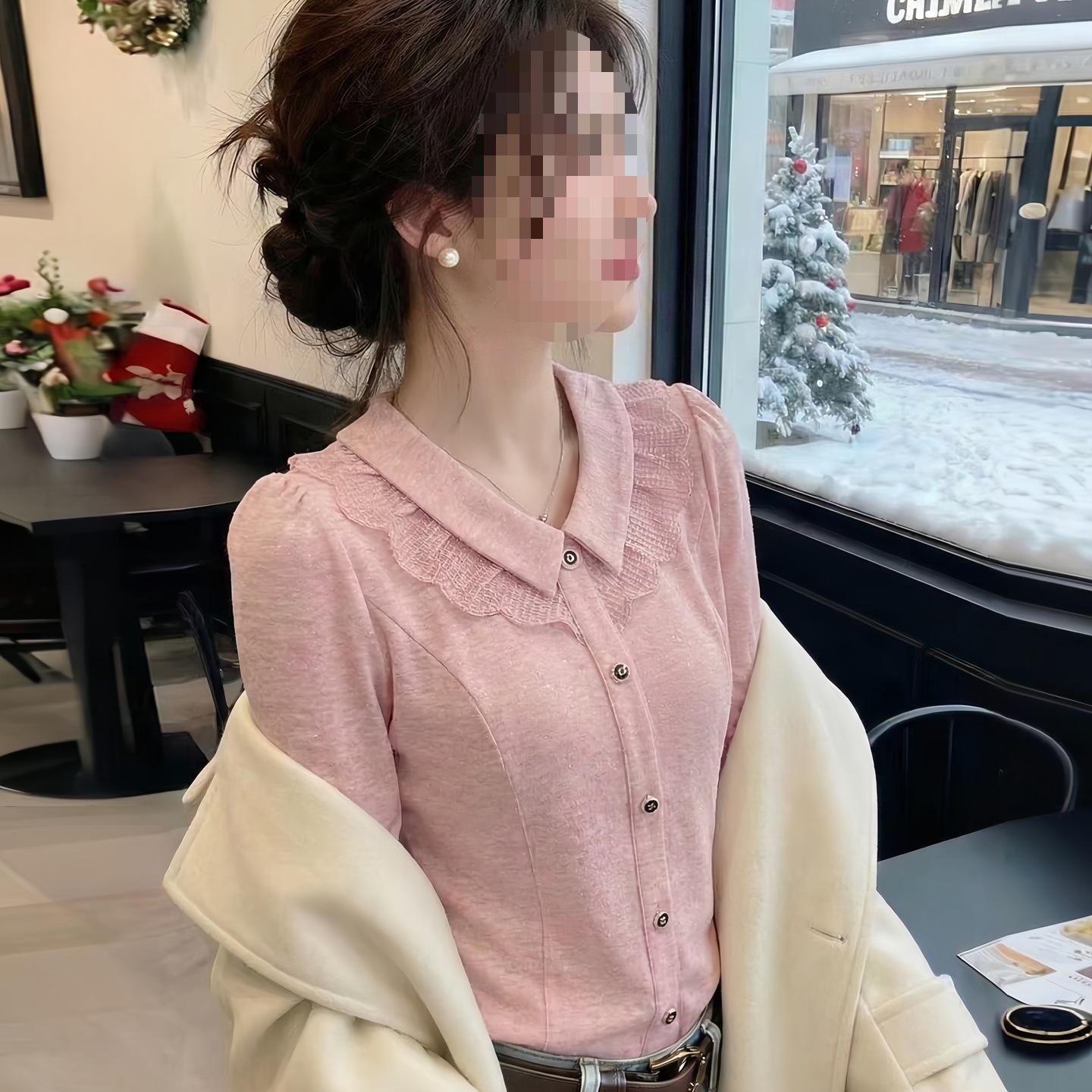 

Women s Slim Fit Long Sleeve T-shirt with Lace Doll Collar - Spring Collection, Versatile Base Layer M [50-55 kg] рожевий