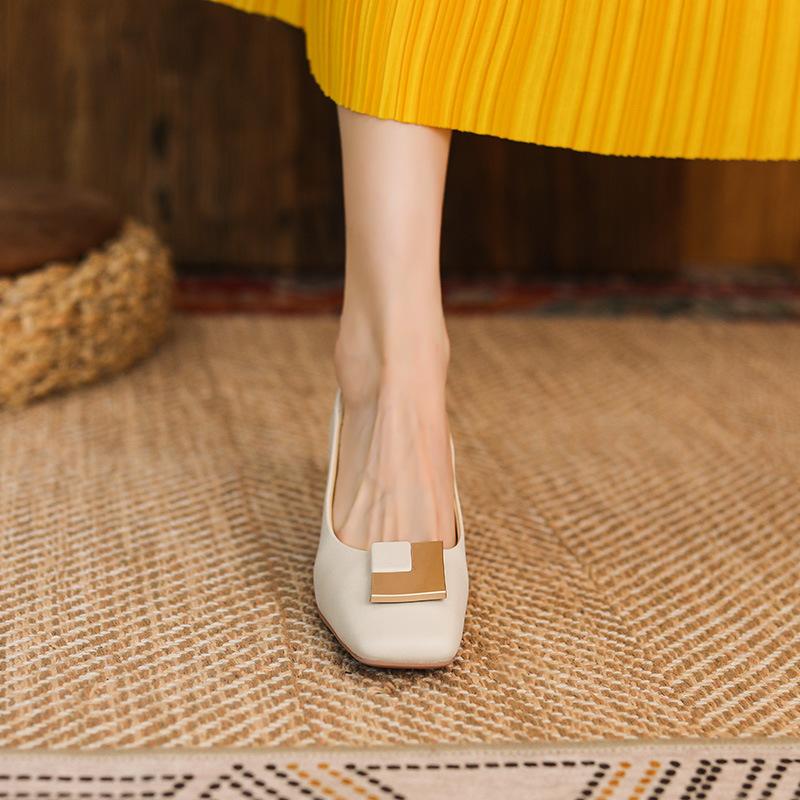 Sheepskin square buckle thick heel medium heel high heels women's square head grandma shoes two wear can step on the heel single shoes soft leather CM