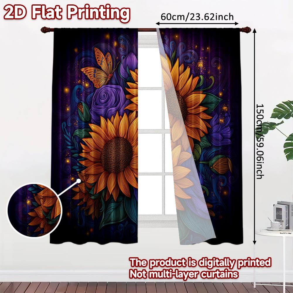 Set Of 2 Modern Flat Printing Curtains Without Rod Floral Sunflowers Roses Fashionable Curtainments During Women Is Day Curtain Made Polyester
