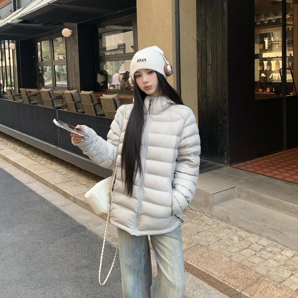 Light and thin hooded ribs down jacket women's winter white duck down new warm jacket cloud cardigan top