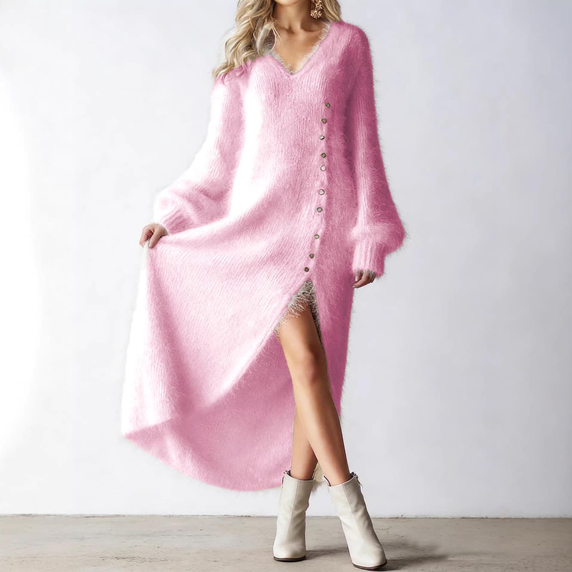 

2025 Autumn/Winter V-Neck Loose Button-Slit Dress - European/American Style XXXL розовый