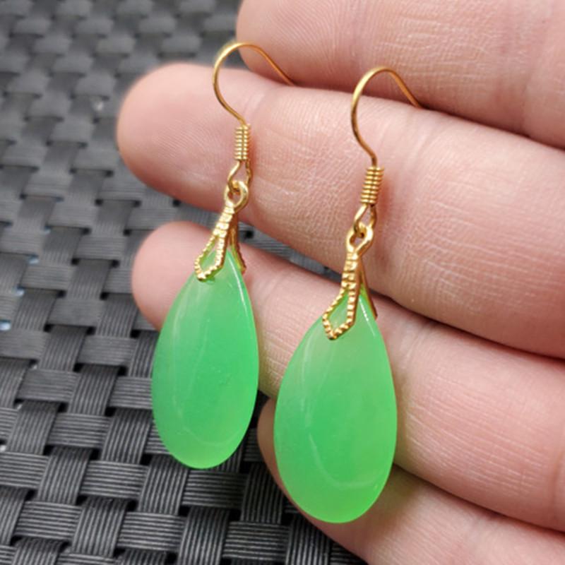 Grape Green Quartzite Water Drop Jade Earrings 2021-6-1603