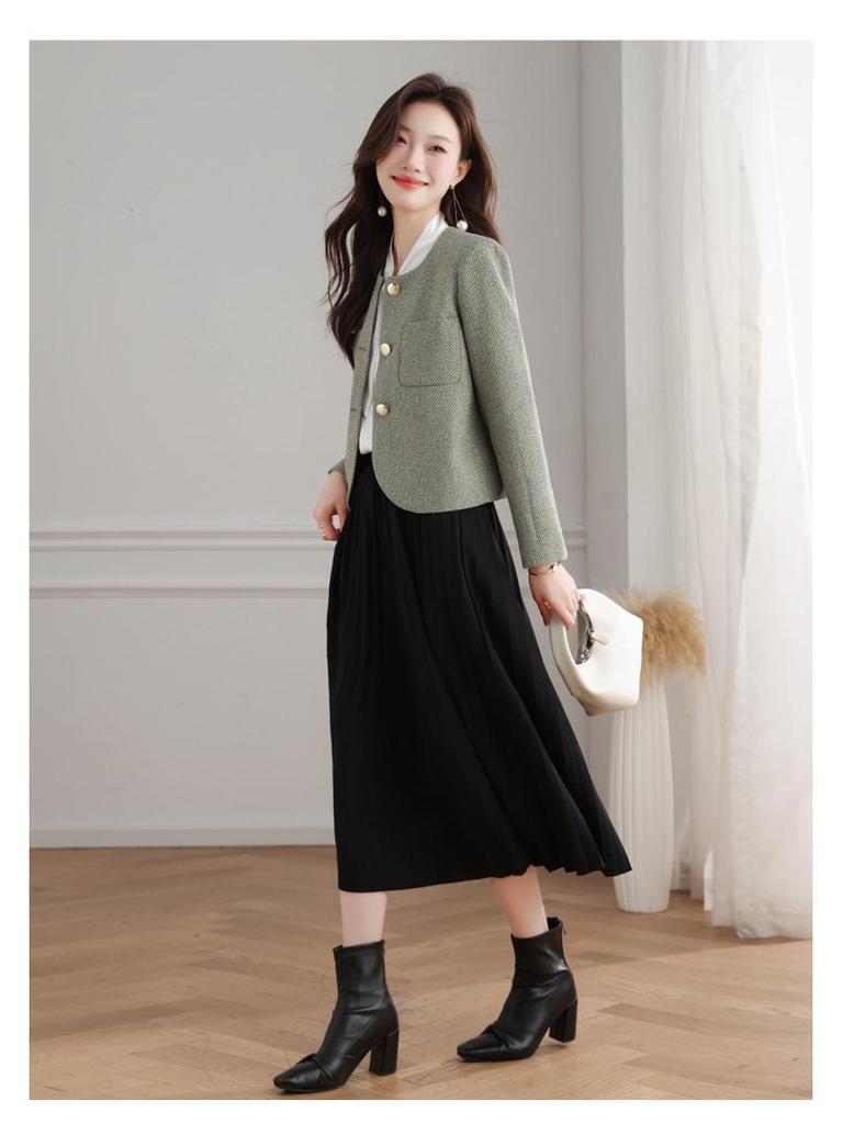 Women's French Style Round Neck Wool Tweed Jacket