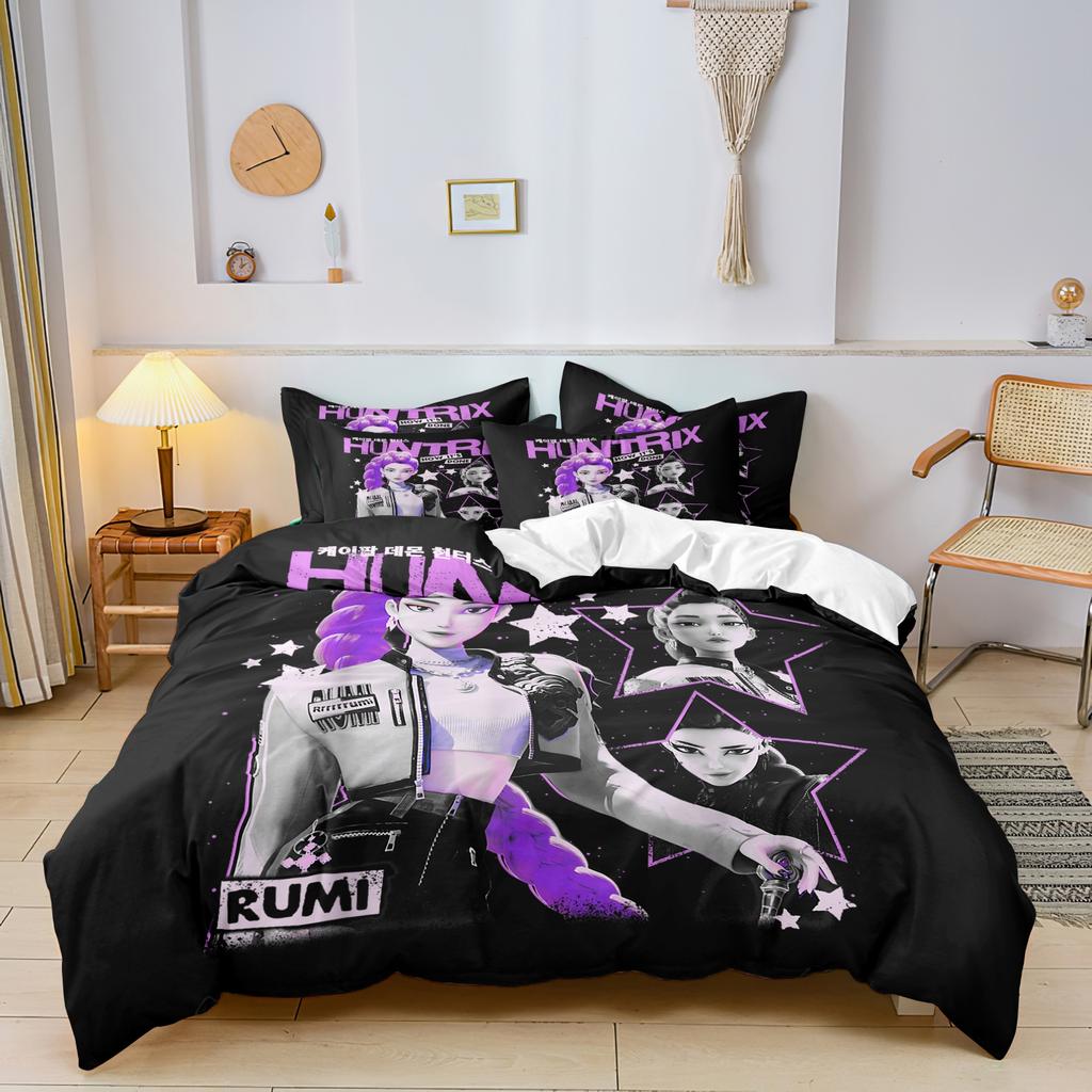 K-Pop Bedding Set Demon Hunters Themed Pink or Black Other Side Print Polyester Student Dormitory Duvet Cover Boys Girls Gift
