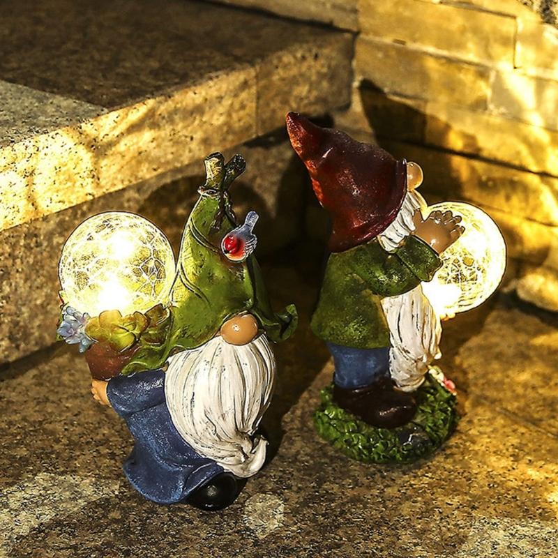 Outdoor Resins Gnomes Statue with LED Lighted Crack Ball Solar Powered Santa Figurine Ornament for Garden Patios Decors