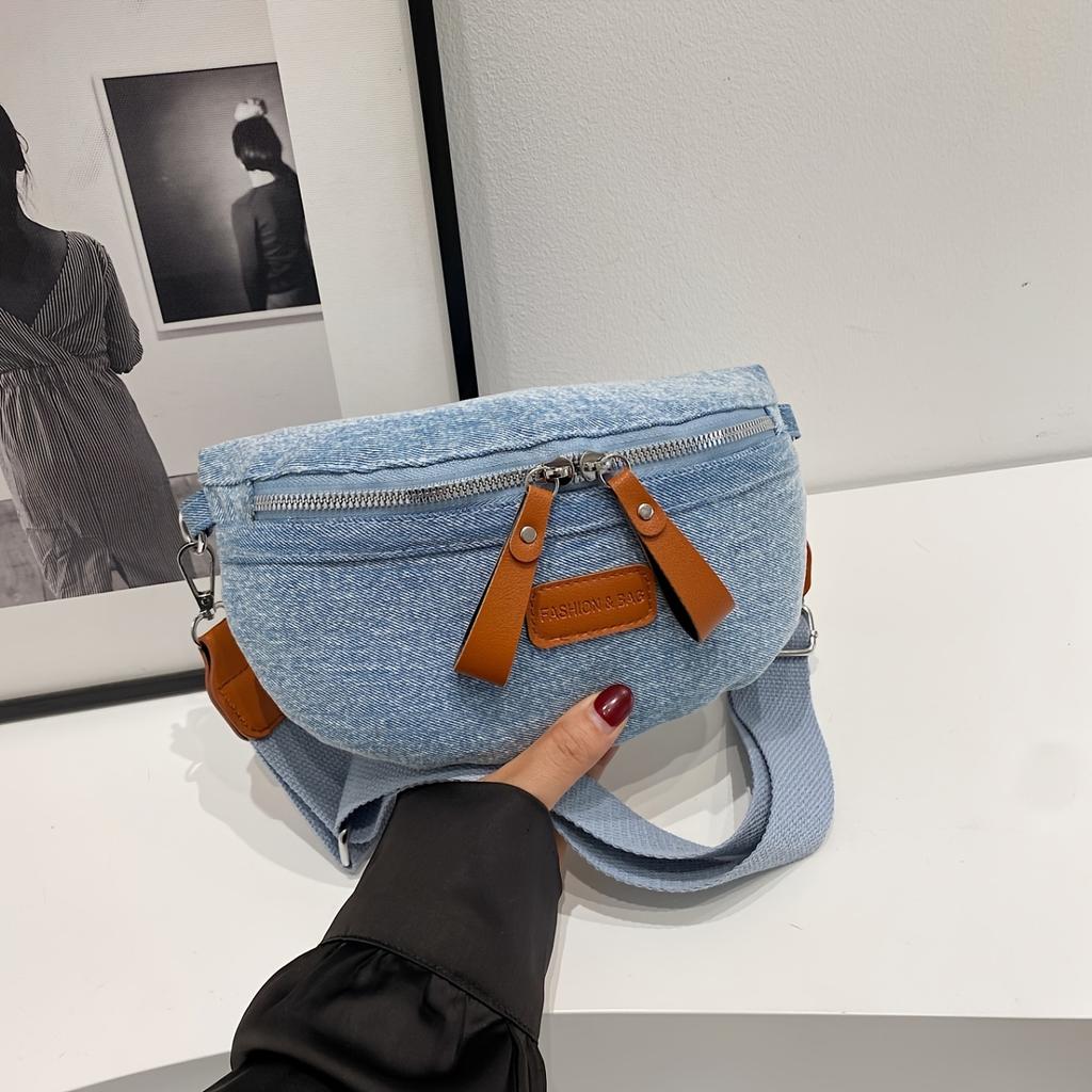 Vintage Denim Brusttasche für Damen Mode Vielseitige Reißverschluss Crossbody Bauchtasche mit Verstellbarem Breitem Schultergurt Stilvolle Outdoor-Hüfttasche