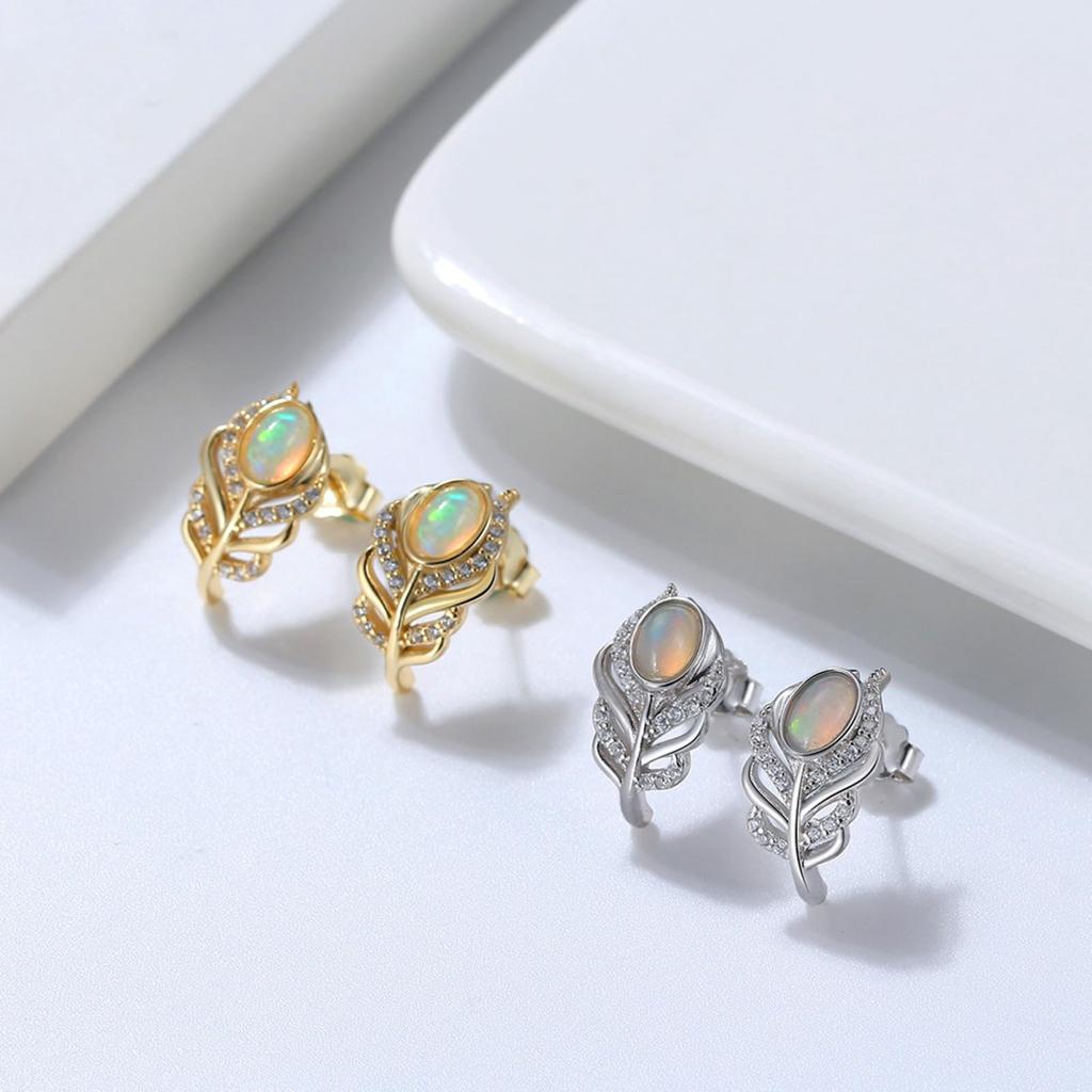 HeyMeili Women's Feather Stud Earrings, Stylish Design, 925 Sterling Silver with Opal Backing, Popular Jewelry for Women, Gift, Gold Plated