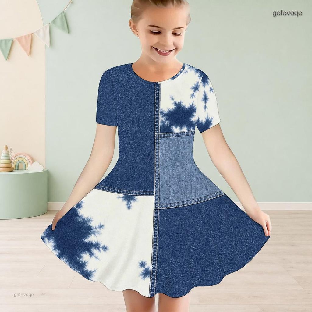 Girls Round Neck Short Sleeve Abstract Printed Blue Beige White A Line Flared Dress