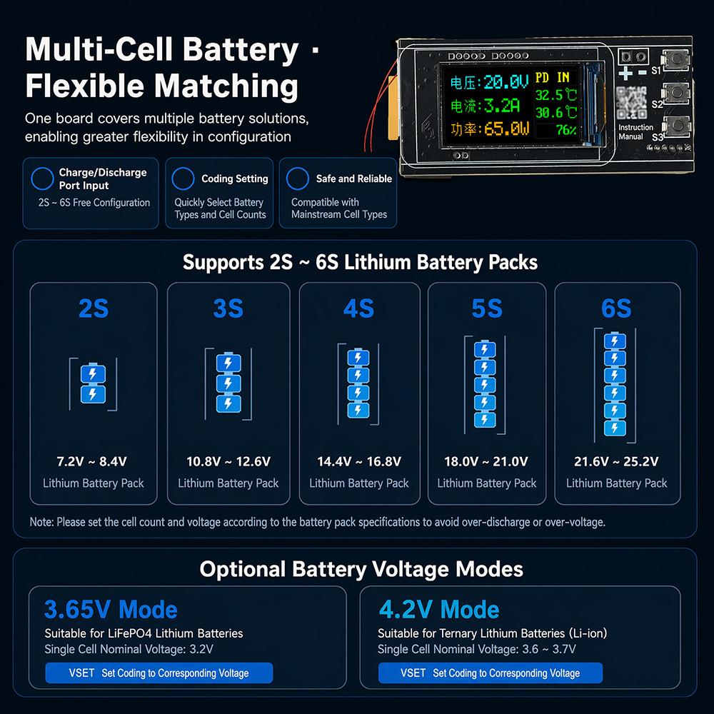 PD 140W Fast Charging Module 2-6S Lithium Battery Charging Board IP2366 Buck-Boost Power Bank Mainboard DIY Kit 65W/100W/140W