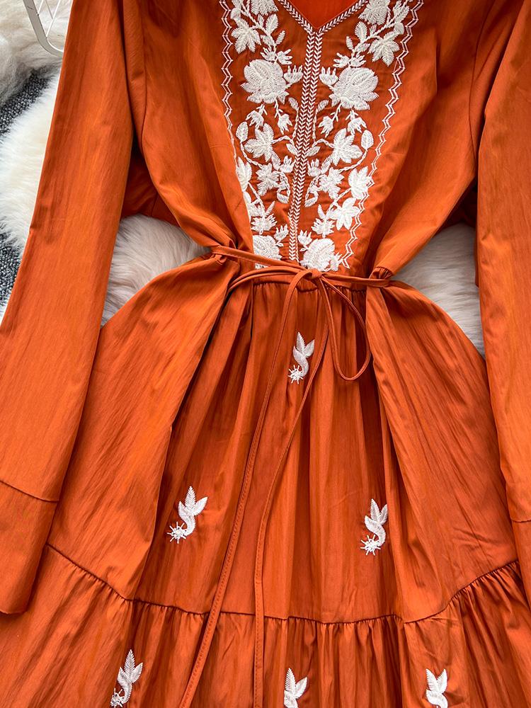 Women Spring Autumn Dress Retro Embroidered V-neck Strap Waist French Elegant Long Sleeve Grand Swing Long Dress