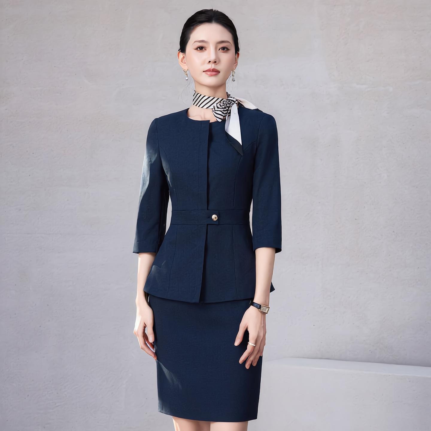 Women s Dark Blue Summer Suit Set - Professional Three-Quarter Sleeve for Hotel Front Desk or Jewelry Store XXXXL