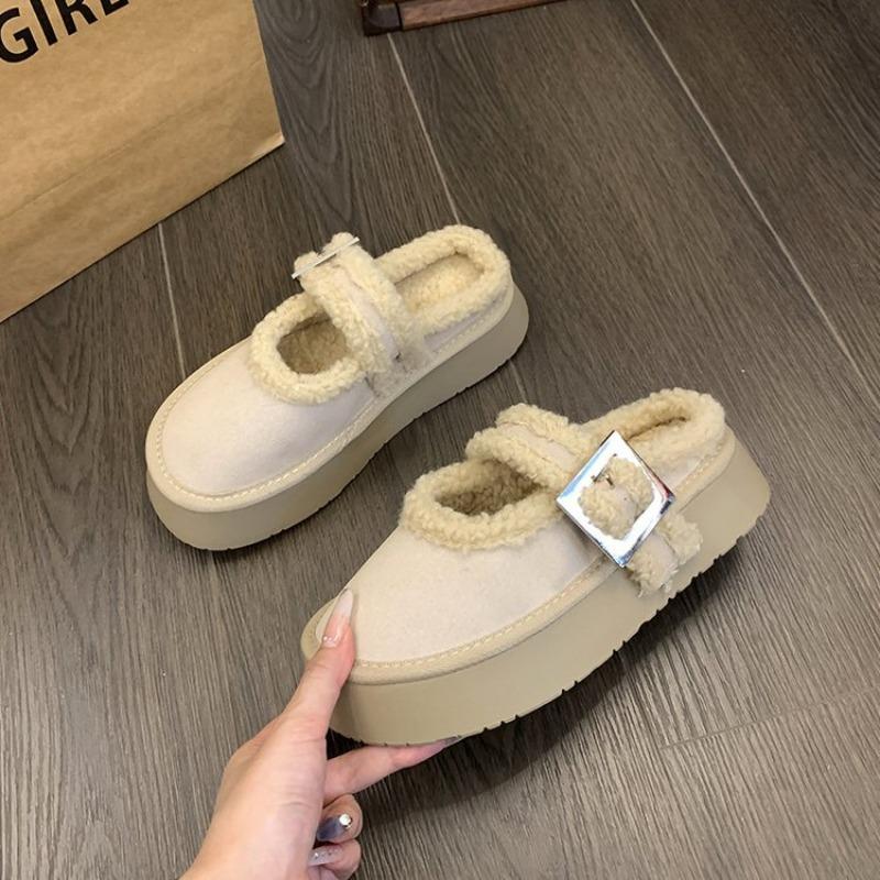 Fashion Thick Sole Warm Anti-skid Baotou Hairy Slippers Woman 2025 Winter Retro Belt Buckle Half Slippers Fashion Versatile Women Shoes