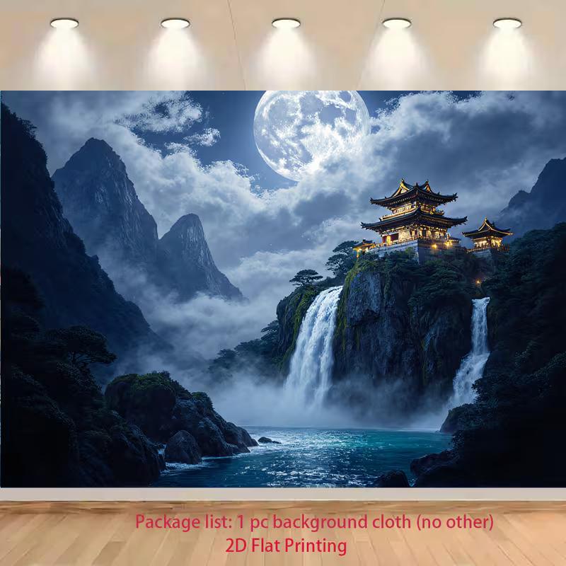 2D Zen Garden Tapestry - Moonlit Oriental Temple & Foggy Valley Wall Art 47.2x31.5inch/120*80cm