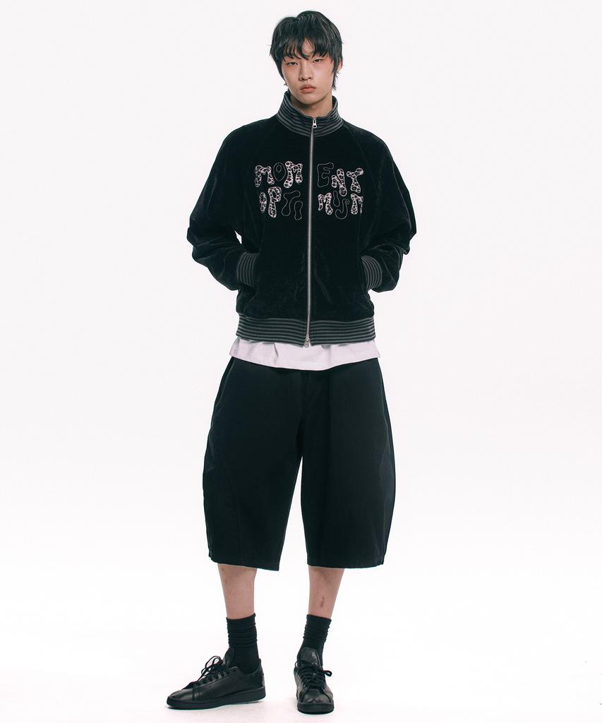 Moo Leopard Applique Velour Track Zip-Up - Black
