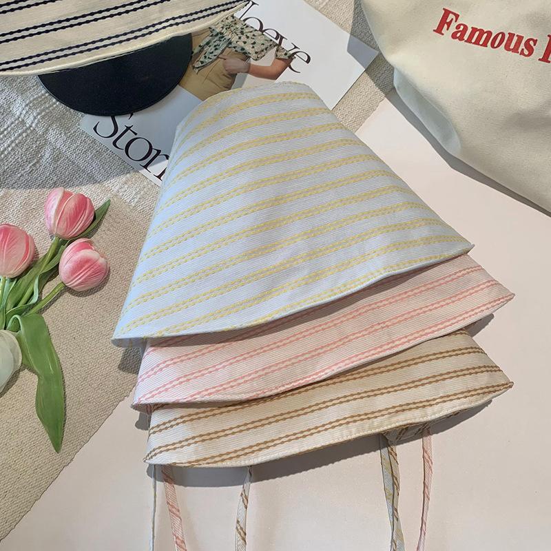 1Pcs Large Brim Foldable Bucket Hats With String For Women Korean Striped Female Panama Bob Outdoor Mountaineering Hat