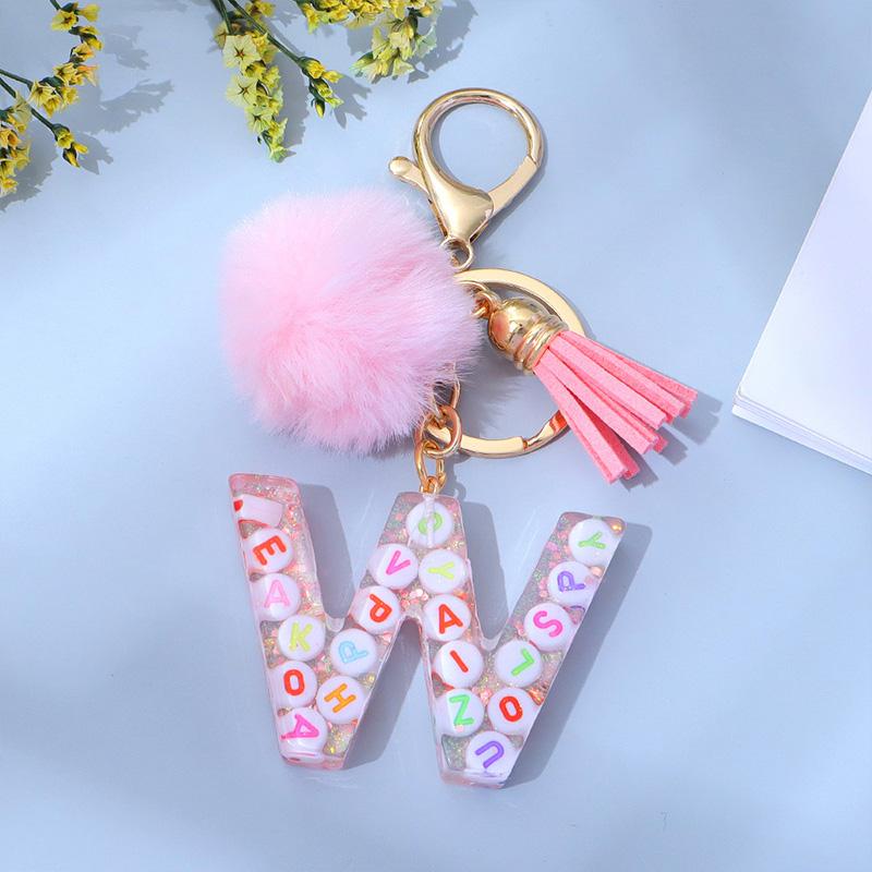 1PC Keyring Key Accessory Letter Filled Colourful Initial Pendant With Fluffy Keychain Glitter Tassel Charms For  Bags Backpacks