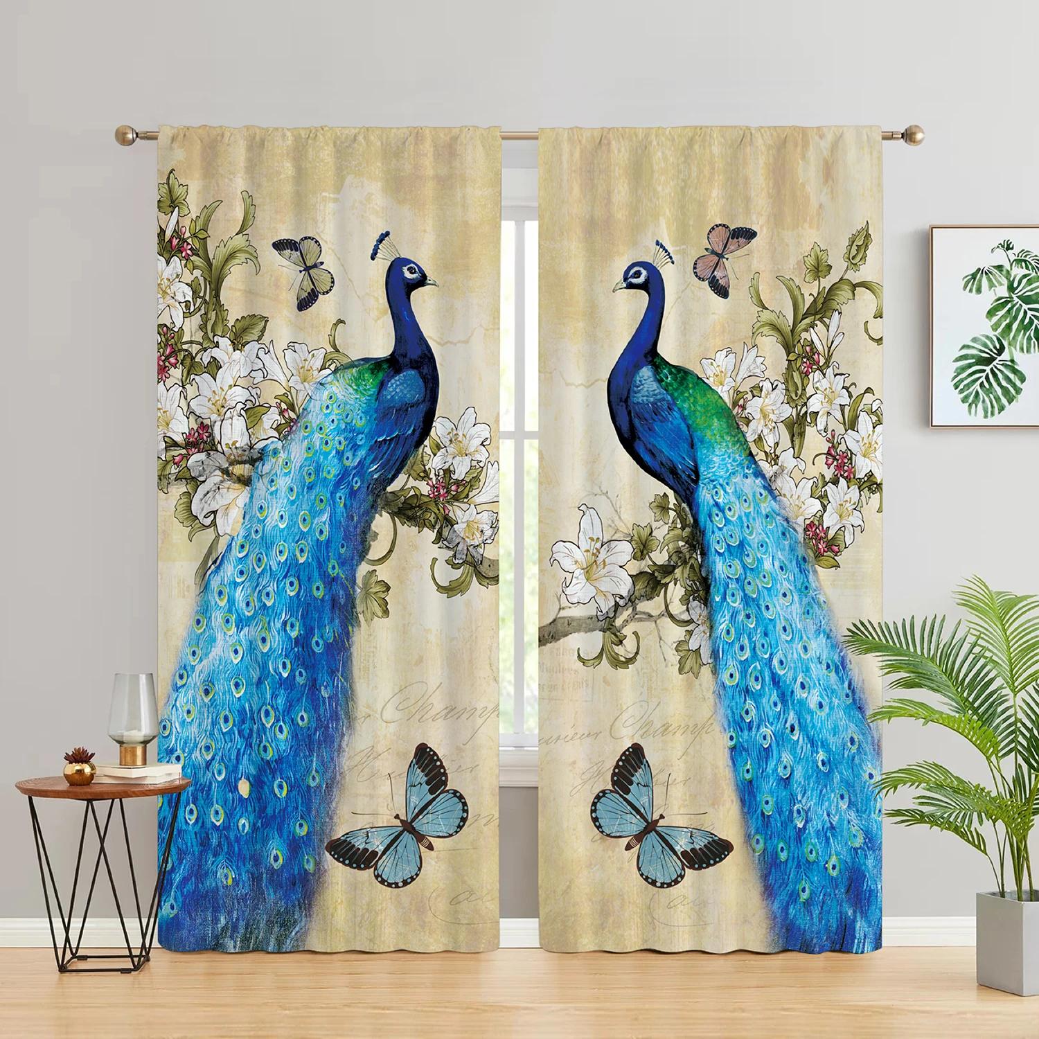 Vintage Pfau mit Blumen Schmetterling Hochverdunkelungsvorhang Schlafzimmer Wohnzimmer Fenster Dicke Verdunkelungsgardine Mehrfarbig Pfau W55 X H120cm X 2&Grommet Top