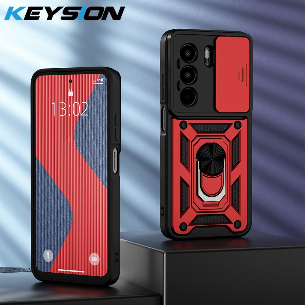 KEYSION Nárazuvzdorné pouzdro Armor pro Itel Power 70 s posuvným krytem objektivu fotoaparátu, kroužkem pro ochranu objektivu, stojánkem a zadním krytem telefonu pro Itel Power 70 4G