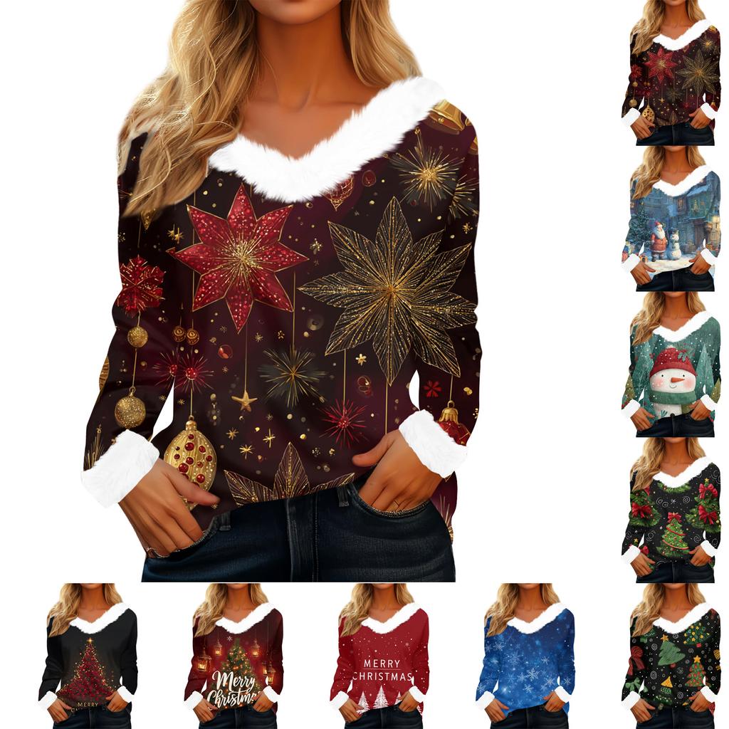 Women's Casual Fashion Long Sleeve Christmas Printed Flannel Collar Top