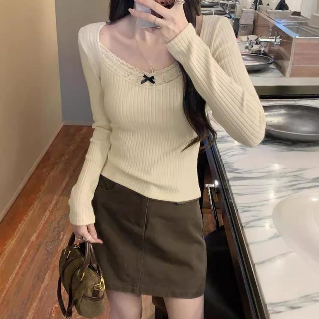 Sweet and spicy collar lace bow long-sleeved T-shirt women's spring splicing top bottoming shirt