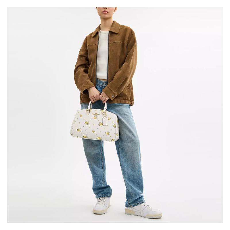 Coach Savannah 36 Stampa Floreale Logo Pelle Granata Borsa a Spalla Crossbody Tote Grande Donna Bianca con Giallo
