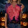 Womens Casual Halloween Printed V Neck Short Sleeve Button Down T Shirt Top for Daily Wear Holiday Party Outfit