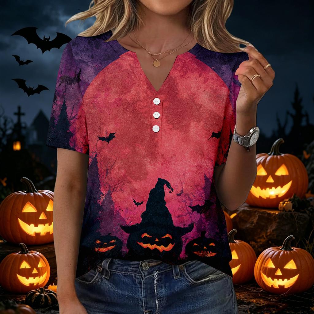 Womens Casual Halloween Printed V Neck Short Sleeve Button Down T Shirt Top for Daily Wear Holiday Party Outfit