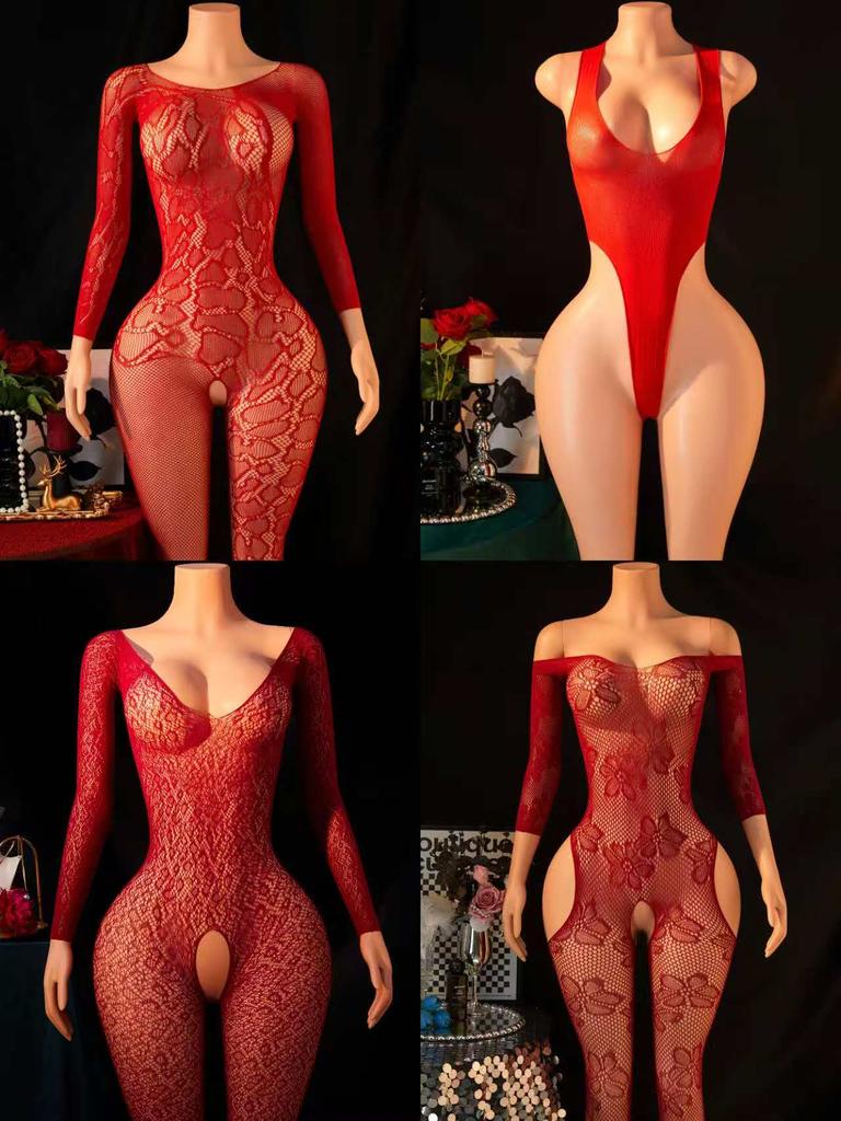 4 Pcs Women'S Sexy Lingerie Stretchy Tight-Fitting Bodysuit & Dress Sexy See-Through Hollow-Out Fishnet Babydoll For Night Club