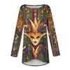 Women's Fashionable Round Neck Raglan Long Sleeved Carnival Printed Casual Pullover Top