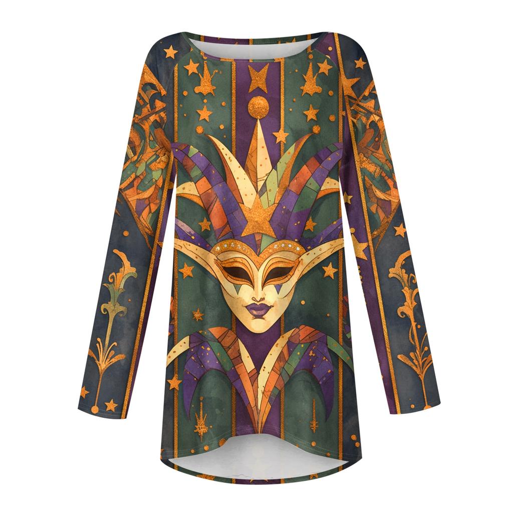 Women's Fashionable Round Neck Raglan Long Sleeved Carnival Printed Casual Pullover Top