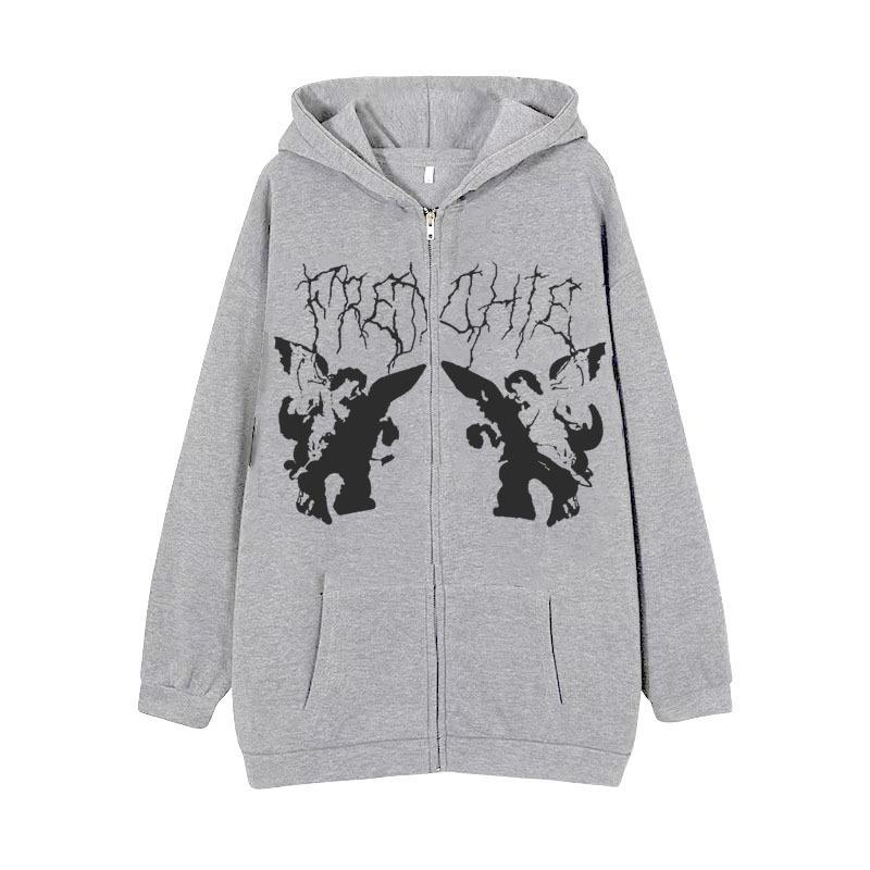 Cross-border new product spot skull wings hooded zipper sweater women's fleece thickened loose sports cardigan sweater women's