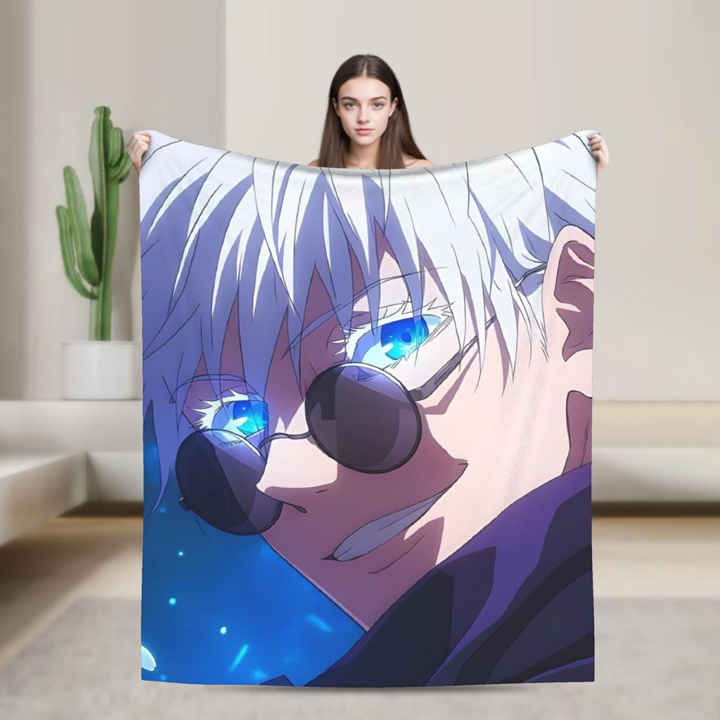 Jujutsu Kaisen Gojo Satoru Flannel Throw Blankets Anime Cool for Bedspreads Knitted Blanket Travel Lightweight Multifunction