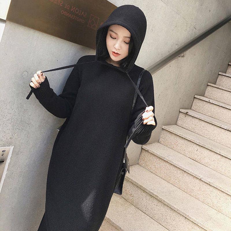 Pull à capuche en tricot épais pour femme, manteau ample mi-long, robe pull tricotée, hiver S