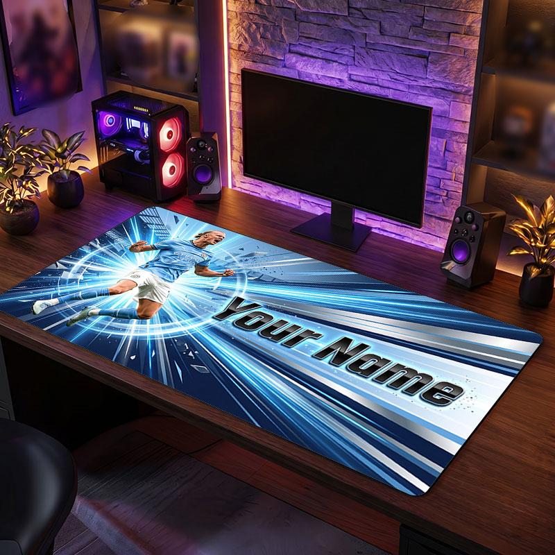 Erling Haaland Custom Large Mouse Pad, Personalized Name Text Print, Football Logo Non‑Slip Desk Mat Gaming Gift