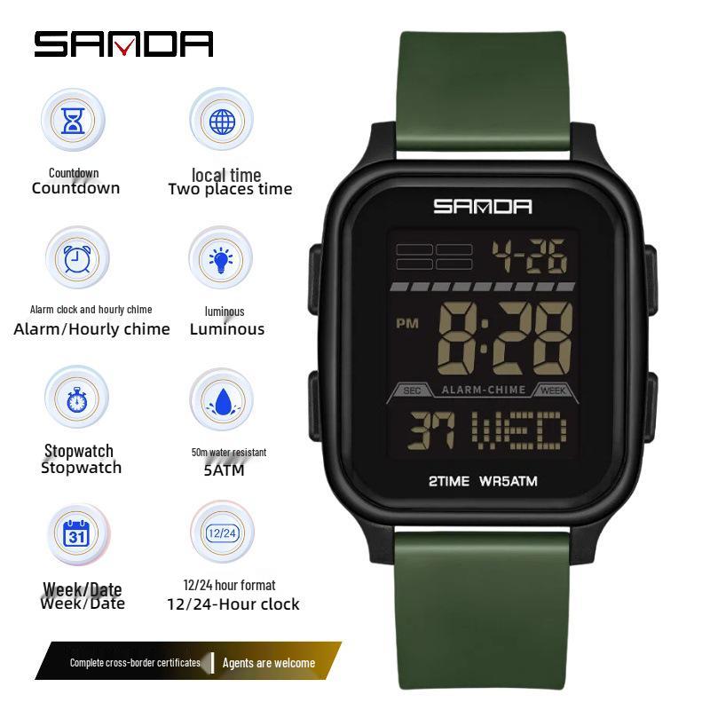 שעון ספורט SANDA עמיד במים, זוהר, עם ספירה לאחור לבני נוער - שעון יד אלקטרוני מרובע רב-תכליתי עם לוח גדול