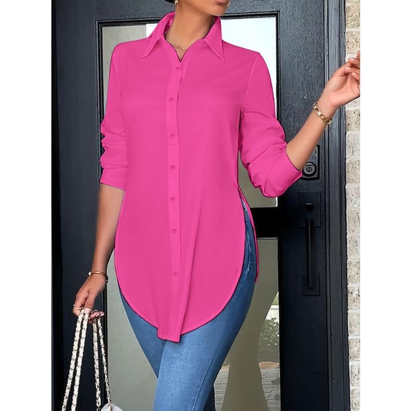 Women'S Slim Fit Long Sleeve Button-Up Shirt with Side Slit  Stylish Tailoring Durable Construction, Stylish Blouse, Fashion Lovers
