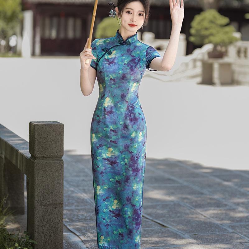 1011 New Chinese style national style spring and summer new cheongsam dress temperament satin dress cheap performance clothes
