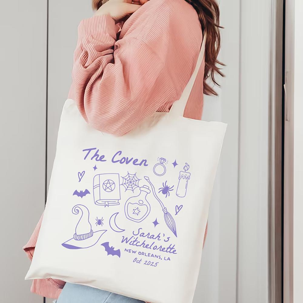 Custom Coven Bachelorette Tote Bag Witchy Bach Party Decor Supplies Spooky Bach Tote Halloween Gothic Witch Bridal Party Bag