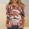 Women's fashionable casual three quarter sleeve Christmas printed round neck top