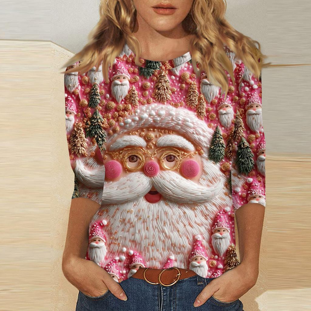 Women's fashionable casual three quarter sleeve Christmas printed round neck top