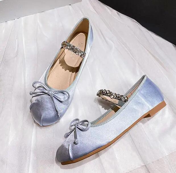 Fashion Elastic Rhinestone Band Mary Janes Woman Bowtie Silk Ballets Shoes Ladies Round Toe Flats Female Loafers Wedding Brides Shoes