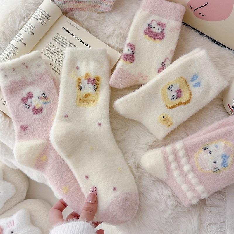 Winter socks pink girls fleece thickened thermal socks sleep socks winter cute furry confinement socks