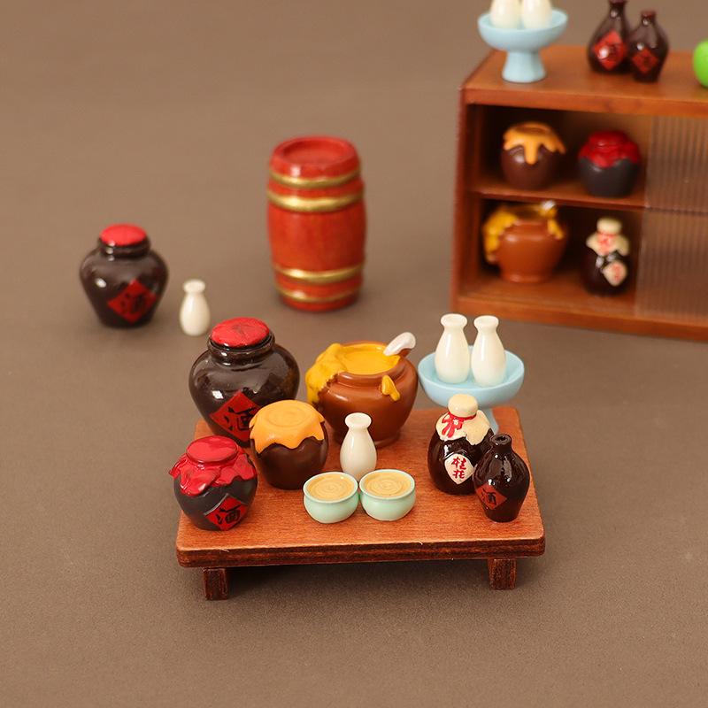Mini OB11 Retro Wine Jar & Bowl with Wooden Table Dollhouse Accessory