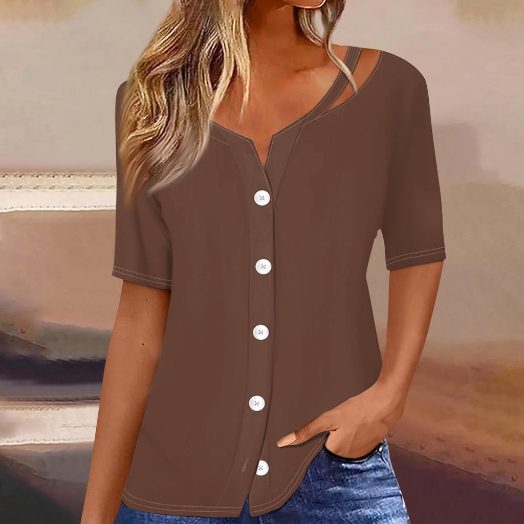 Damen T-Shirt mit Aufdruck, kurzärmelig, V-Ausschnitt, Knopfleiste, Strickjacke, T-Shirt, Top