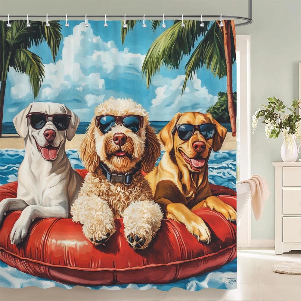 Funny Cat And Dog Shower Curtain Animal Beach Printed Bathroom Bath Curtain Home Decor With Hooks