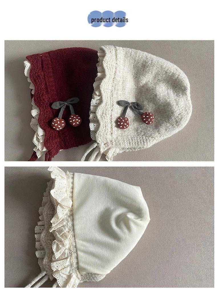 Czapka zimowa z nausznikami i koronkowym wykończeniem dla dziewczynek - Ciepła wełniana czapka zimowa dla maluchów