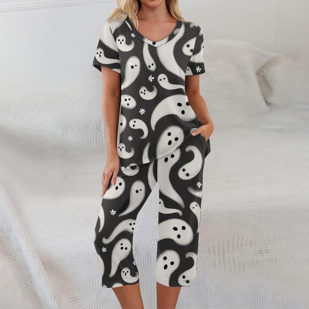 2 Piece Sets For Women Short Sleeve Top And Pants With Pockets Workout Soft Halloween Print Sets